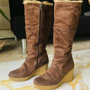 Chocolate Brown Suede Tall Wedge Winter Boots